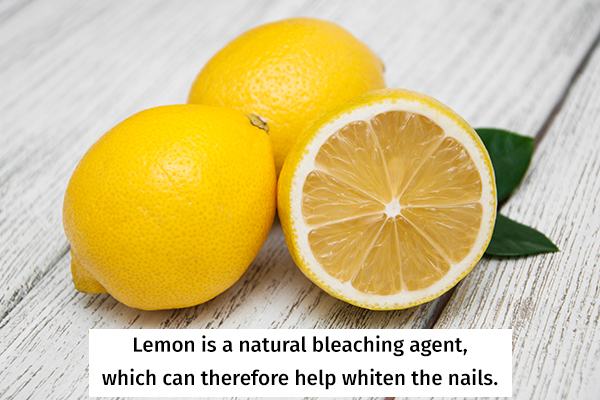 lemon is a natural bleaching agent and can help whiten nails
