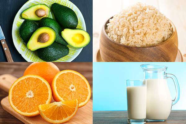 avocados, brown rice, oranges, and milk can help relieve stress