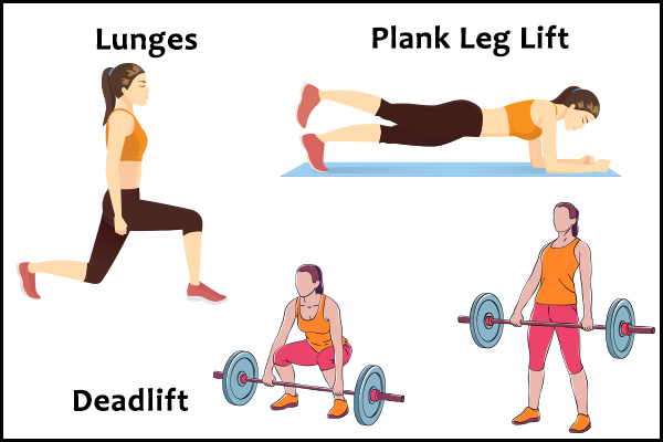 give lunges, plank leg lift, and deadlifts to tone thigh muscles