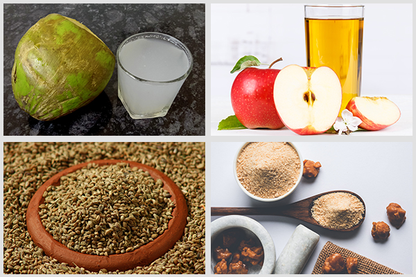 consume coconut water, apple juice, carom seeds, and hing to relieve an upset stomach