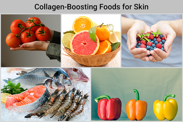 foods like tomato, citrus fruits, bell peppers, etc. can boost collagen in skin