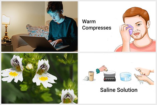 blinking frequently, using warm compress, and saline solution can help reduce eye pain